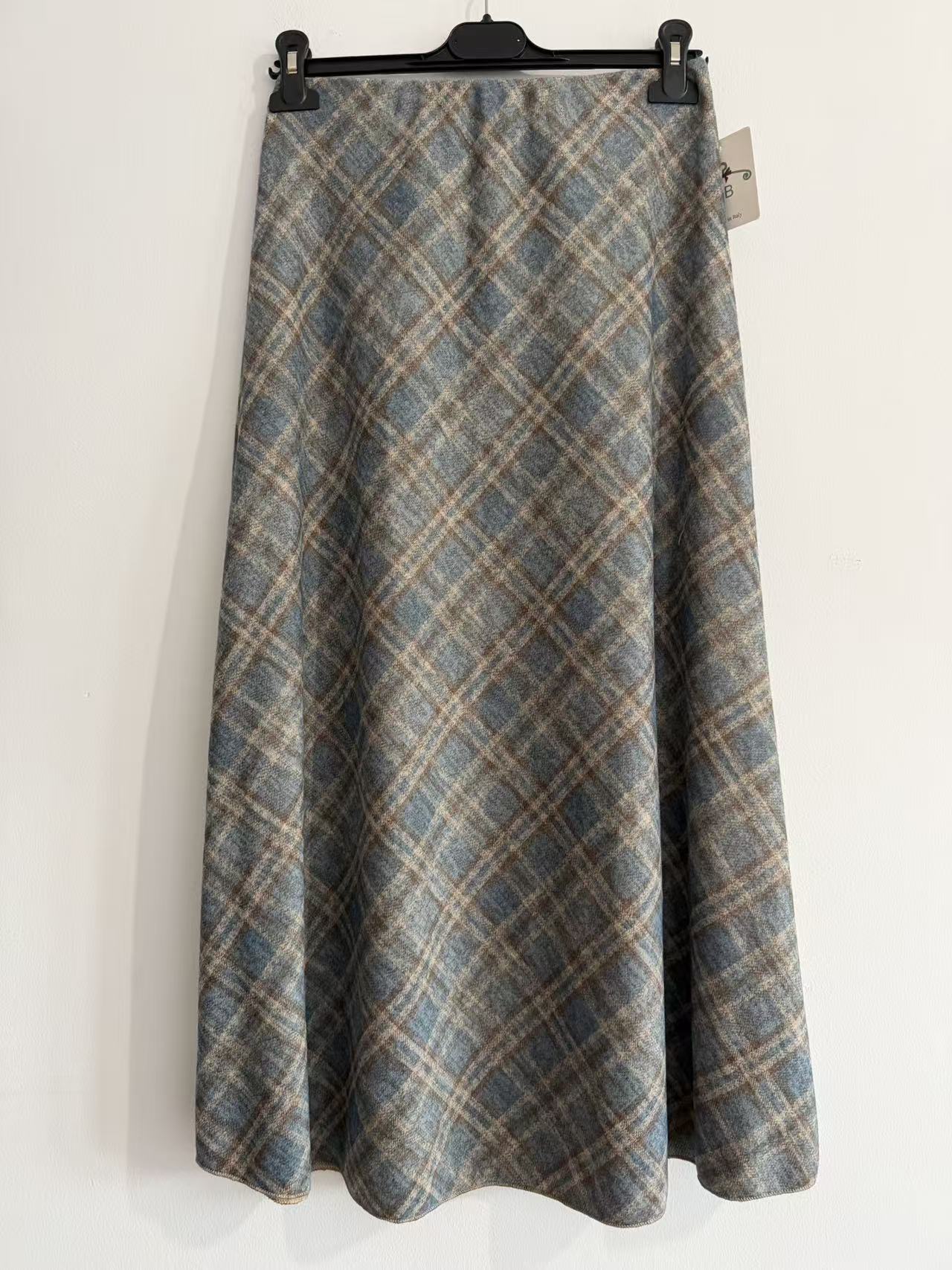 Falda Larga de Punto con Estampado de Cuadros Retro y Talle Alto