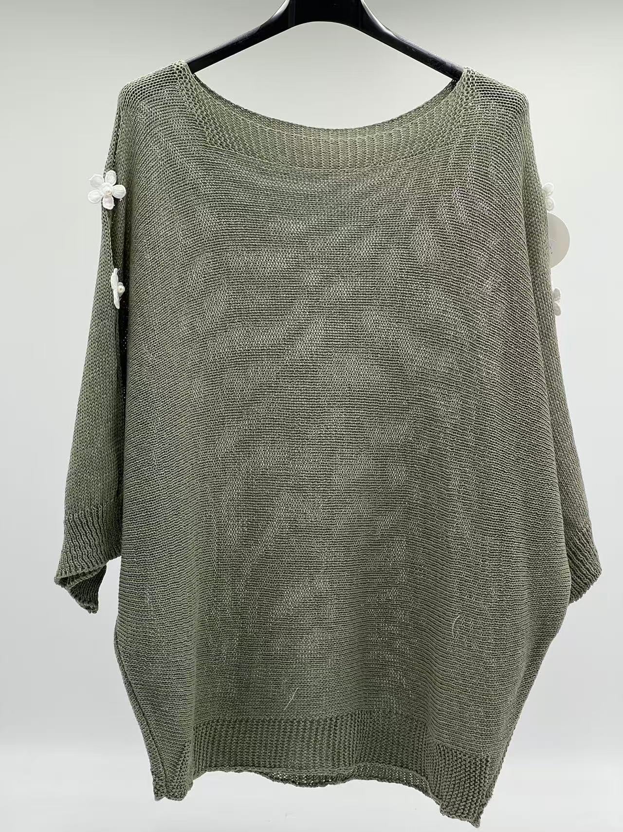 Jersey de Punto con Flores de Perlas y Aberturas en Hombros Estilo Romántico y Coquette