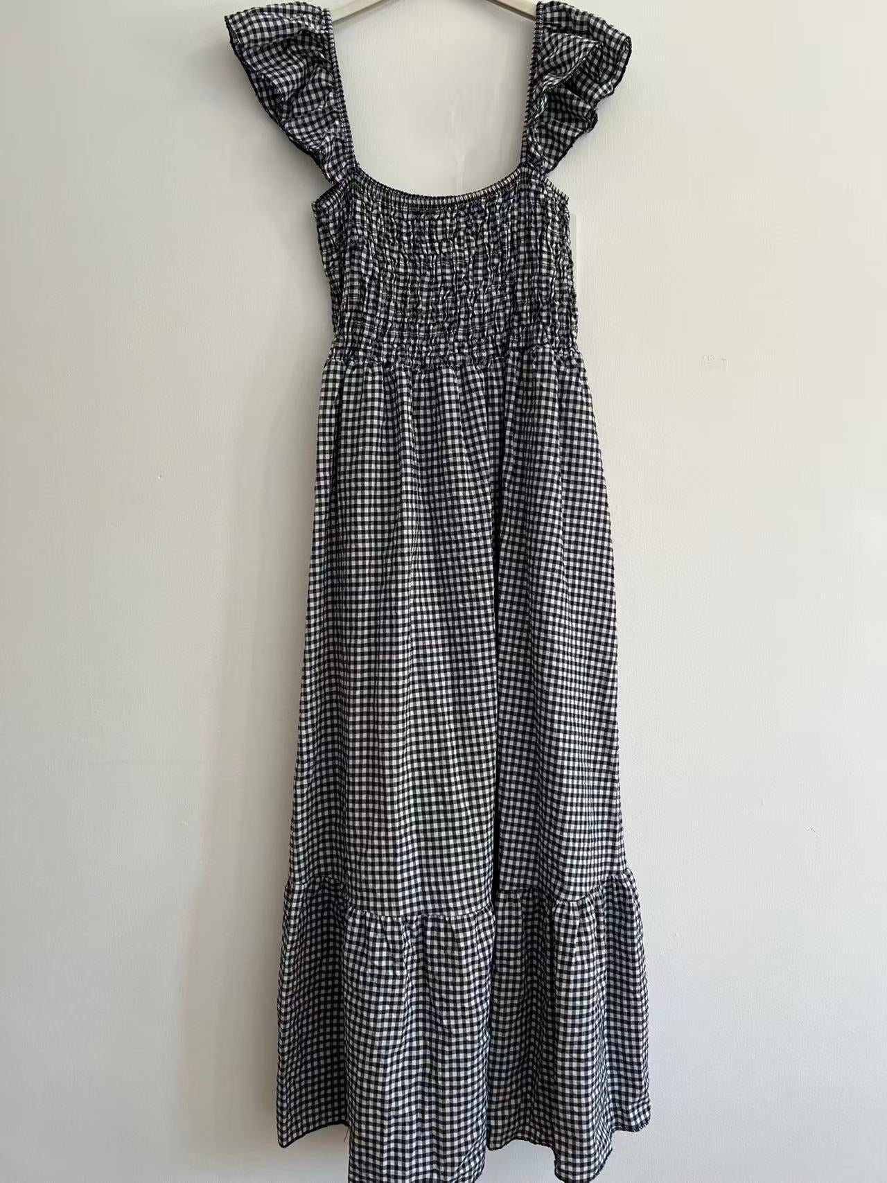 Vestido Largo de Cuadros Vichy con Nido de Abeja