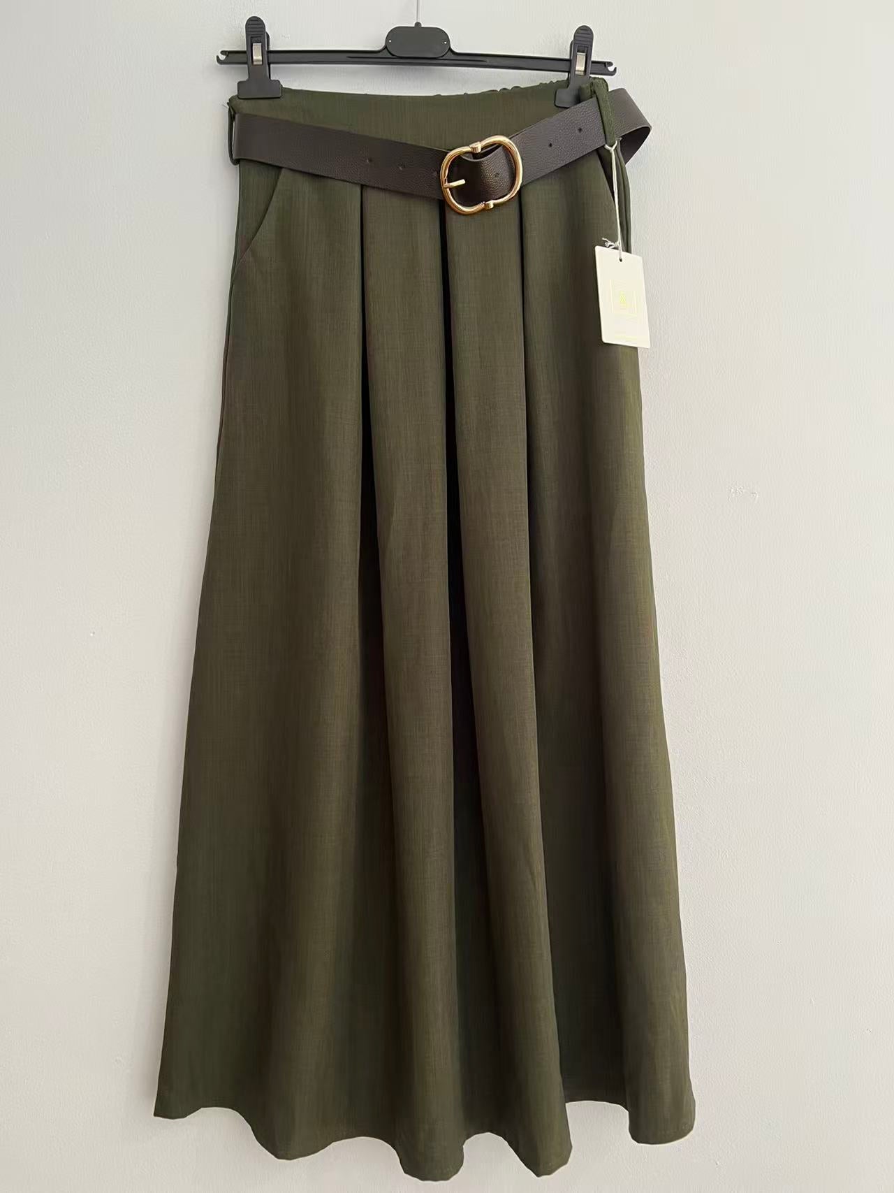 Falda larga lisa correa verde caqui