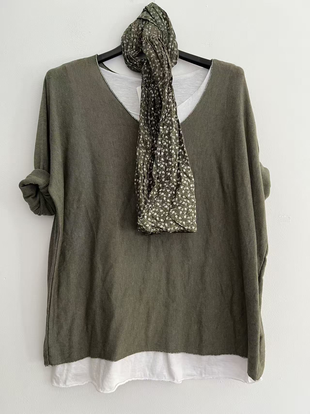 Conjuntos dos piezas con bufanda verde caqui