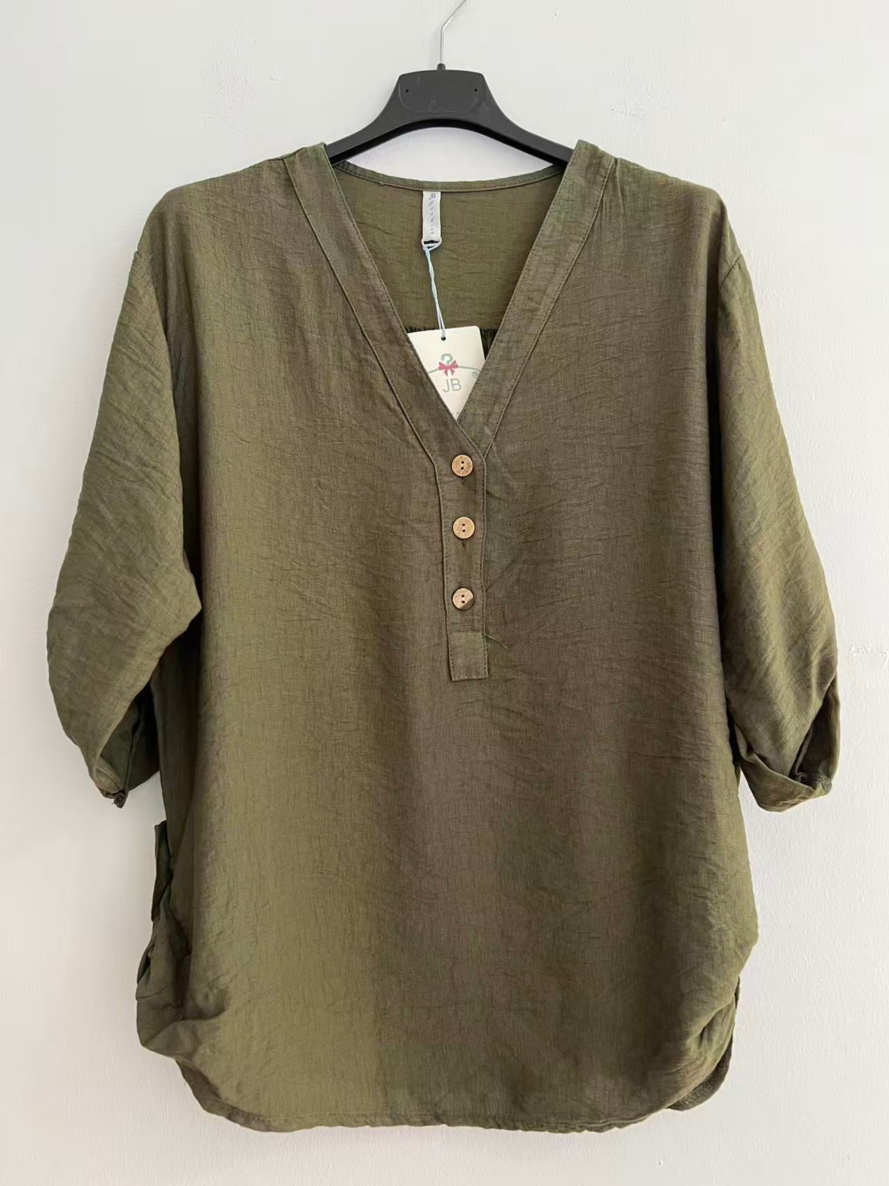 Blusa cuello pico larga verde caqui