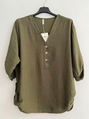 Blusa cuello pico larga verde caqui