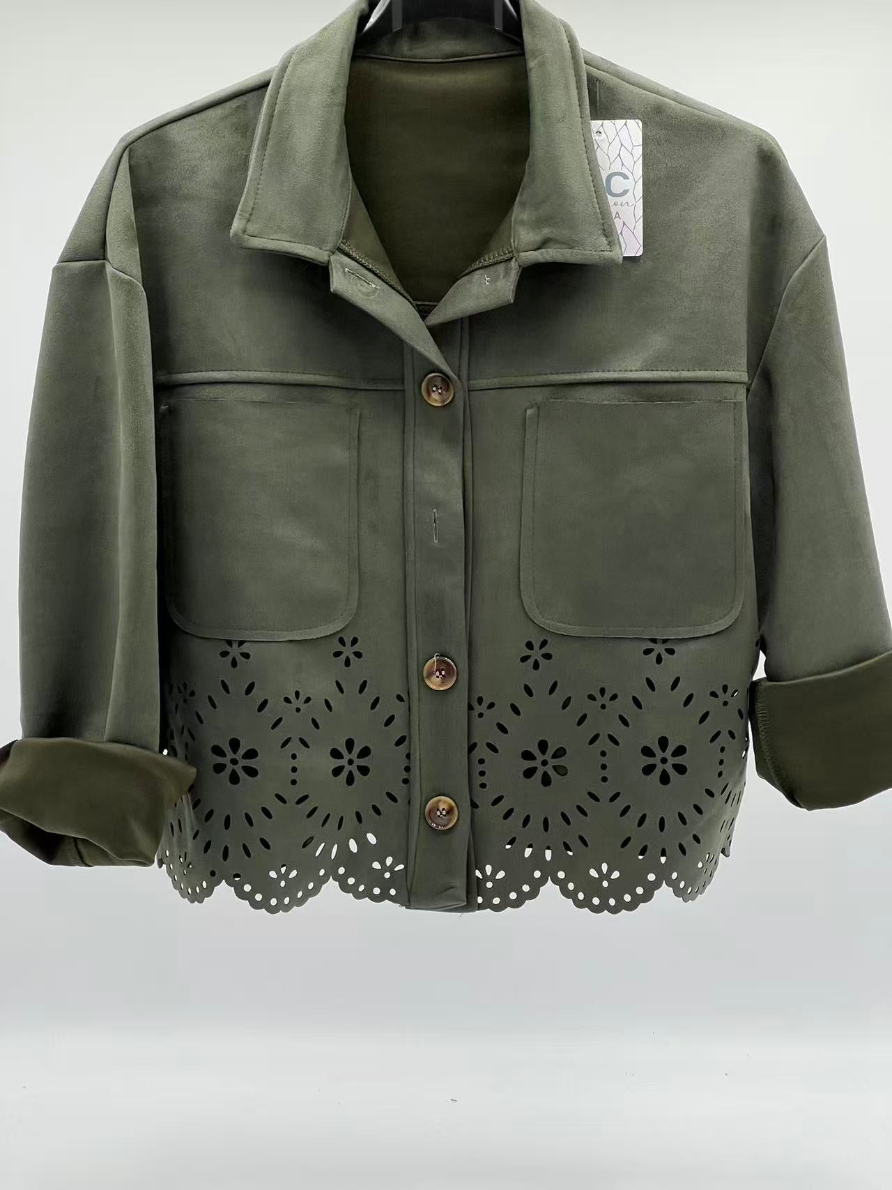 Chaqueta antelina encaje verde caqui
