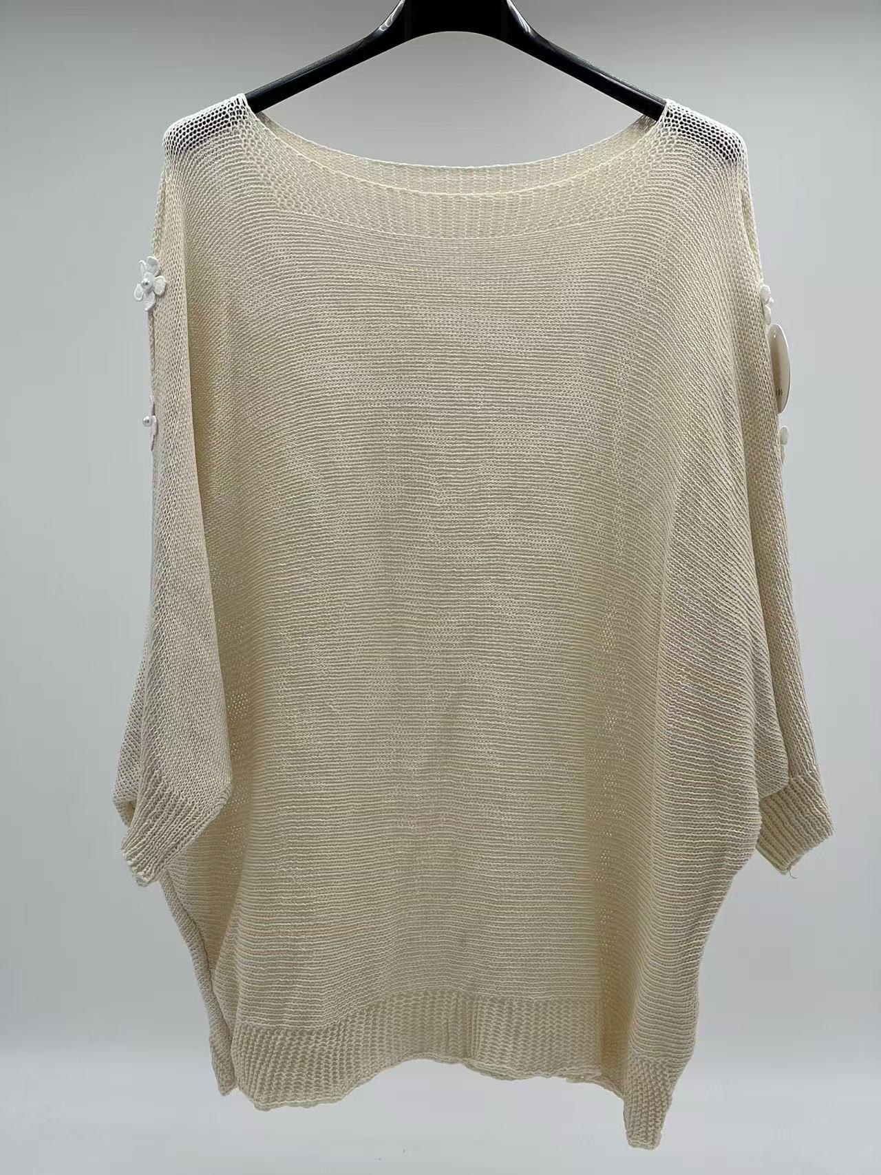 Jersey de Punto con Flores de Perlas y Aberturas en Hombros Estilo Romántico y Coquette