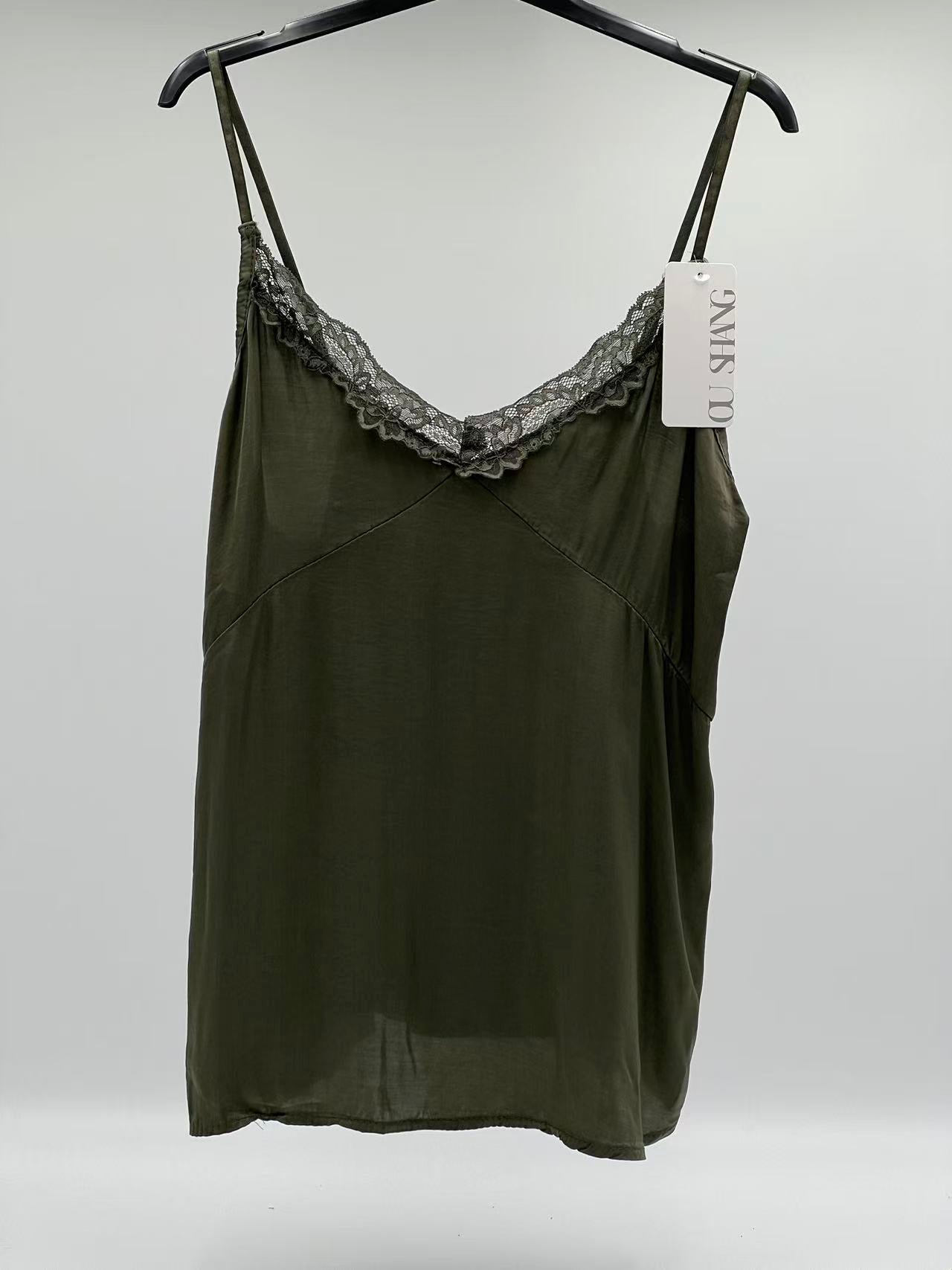 Tirantes raso encaje verde caqui