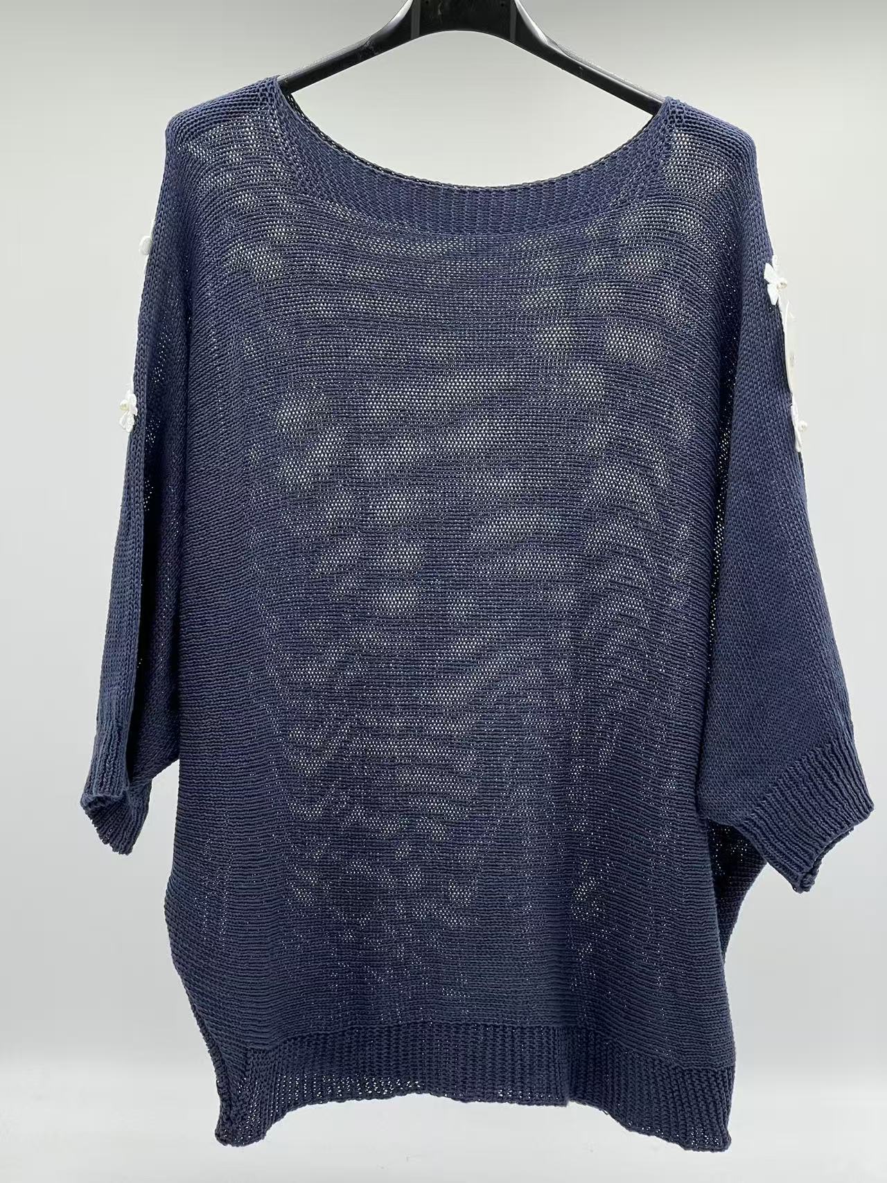 Jersey de Punto con Flores de Perlas y Aberturas en Hombros Estilo Romántico y Coquette