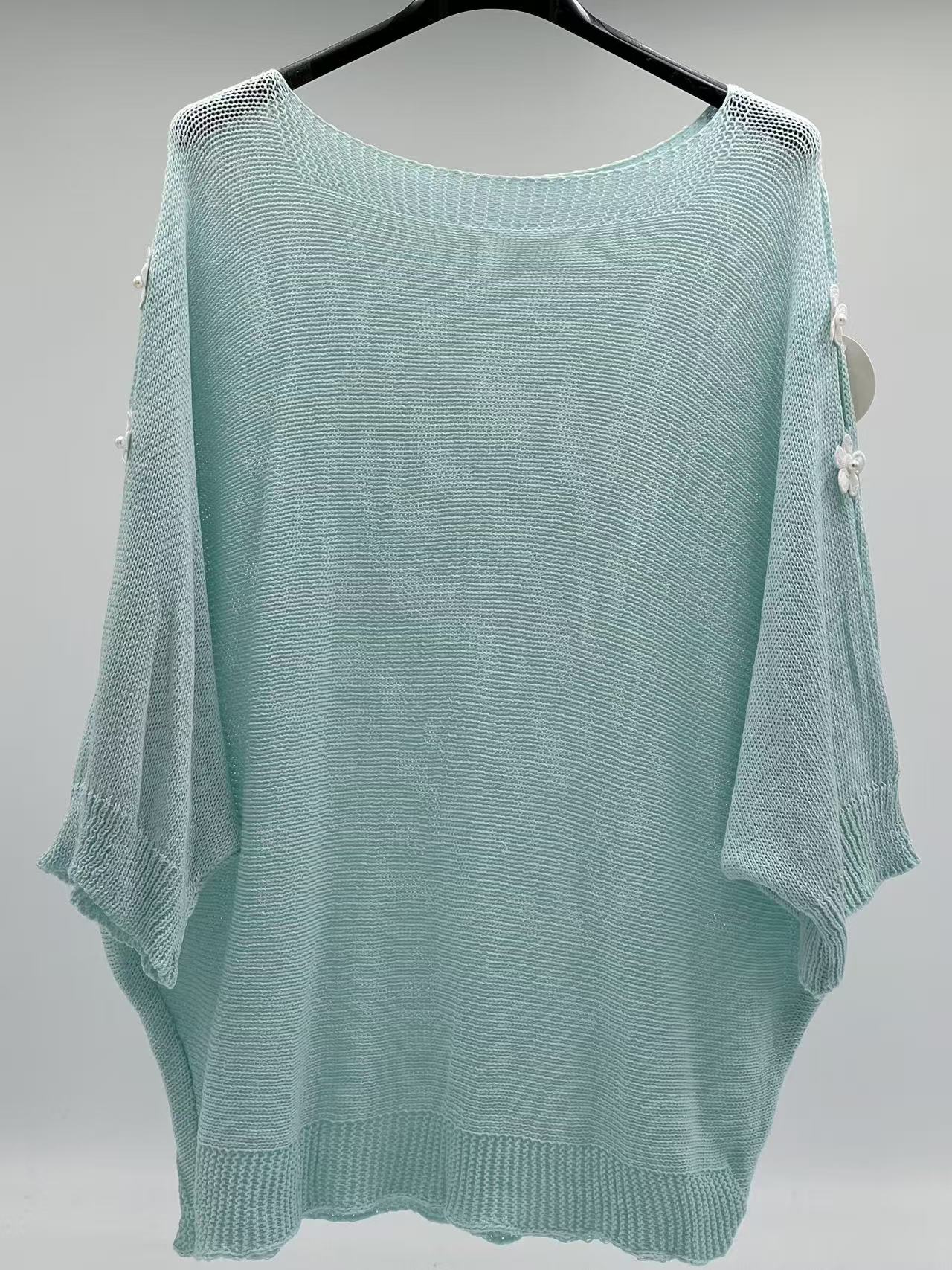 Jersey de Punto con Flores de Perlas y Aberturas en Hombros Estilo Romántico y Coquette