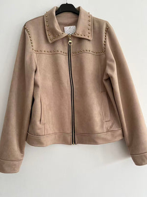 Chaqueta antelina mujer con detalles dorados beige