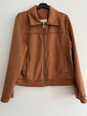 Chaqueta antelina mujer con detalles dorados camel