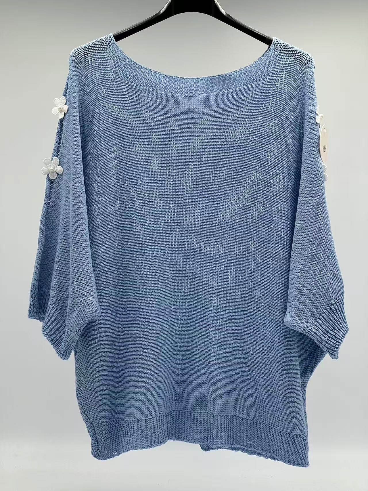 Jersey de Punto con Flores de Perlas y Aberturas en Hombros Estilo Romántico y Coquette