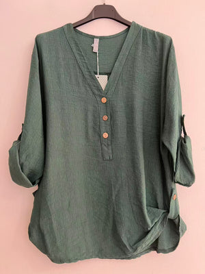 Blusa cuello pico larga verde caqui