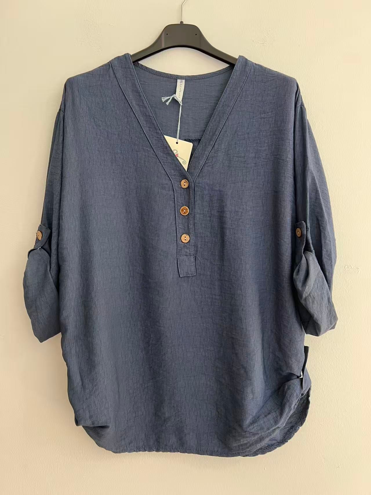 Blusa cuello pico larga azul vaquero