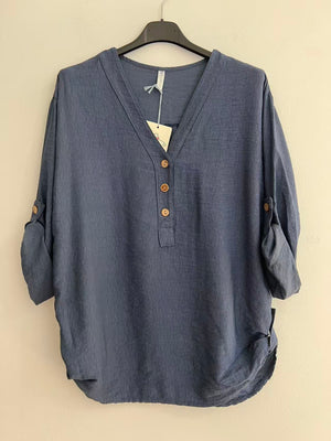 Blusa cuello pico larga azul vaquero