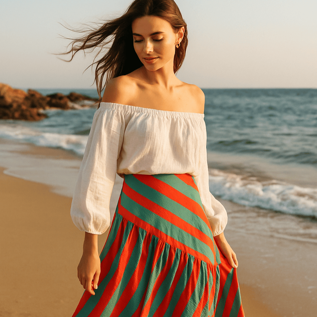 Modelo europea paseando por la playa con falda de rayas rojas y verdes y blusa blanca ligera.