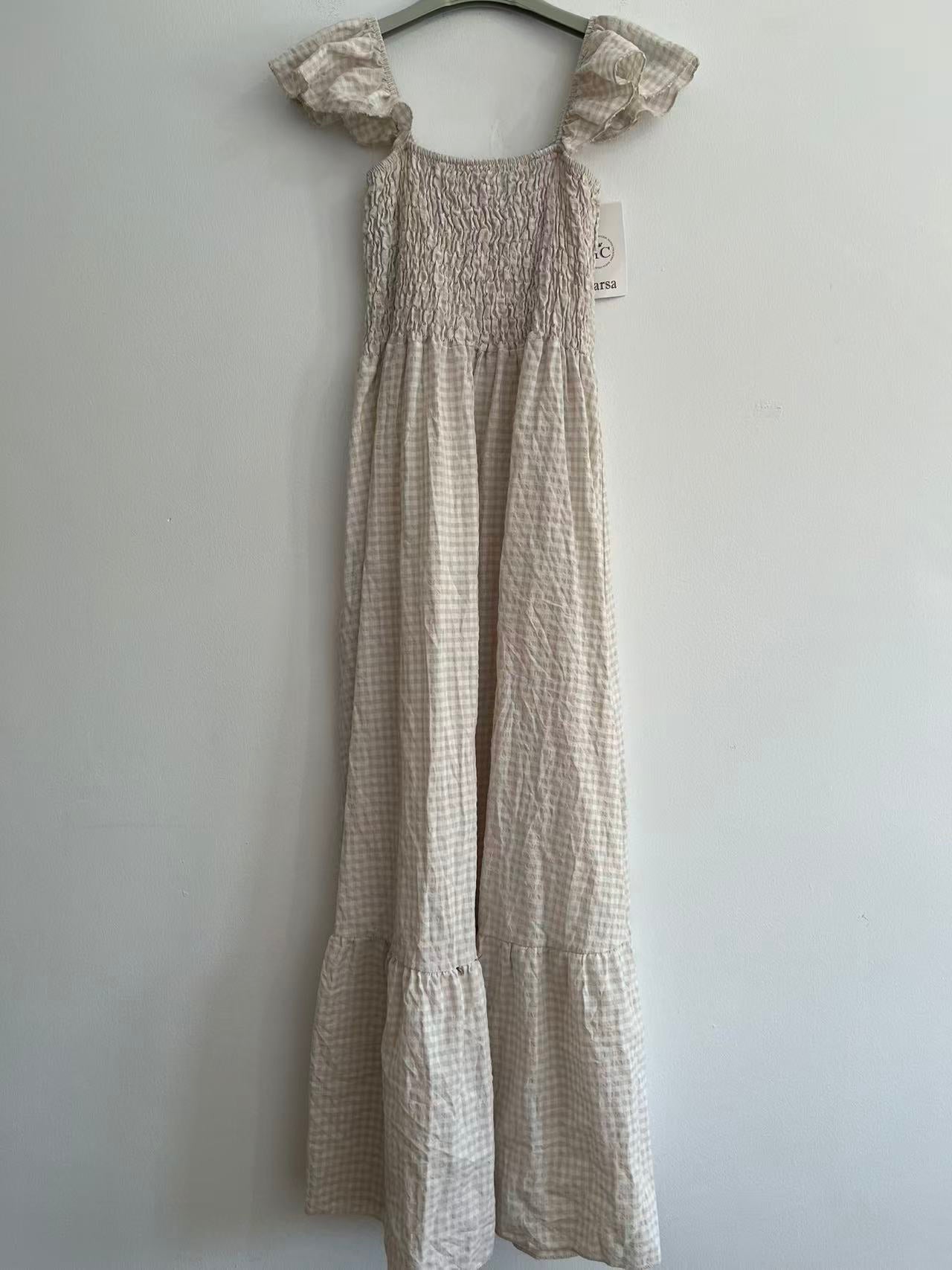 Vestido Largo de Cuadros Vichy con Nido de Abeja