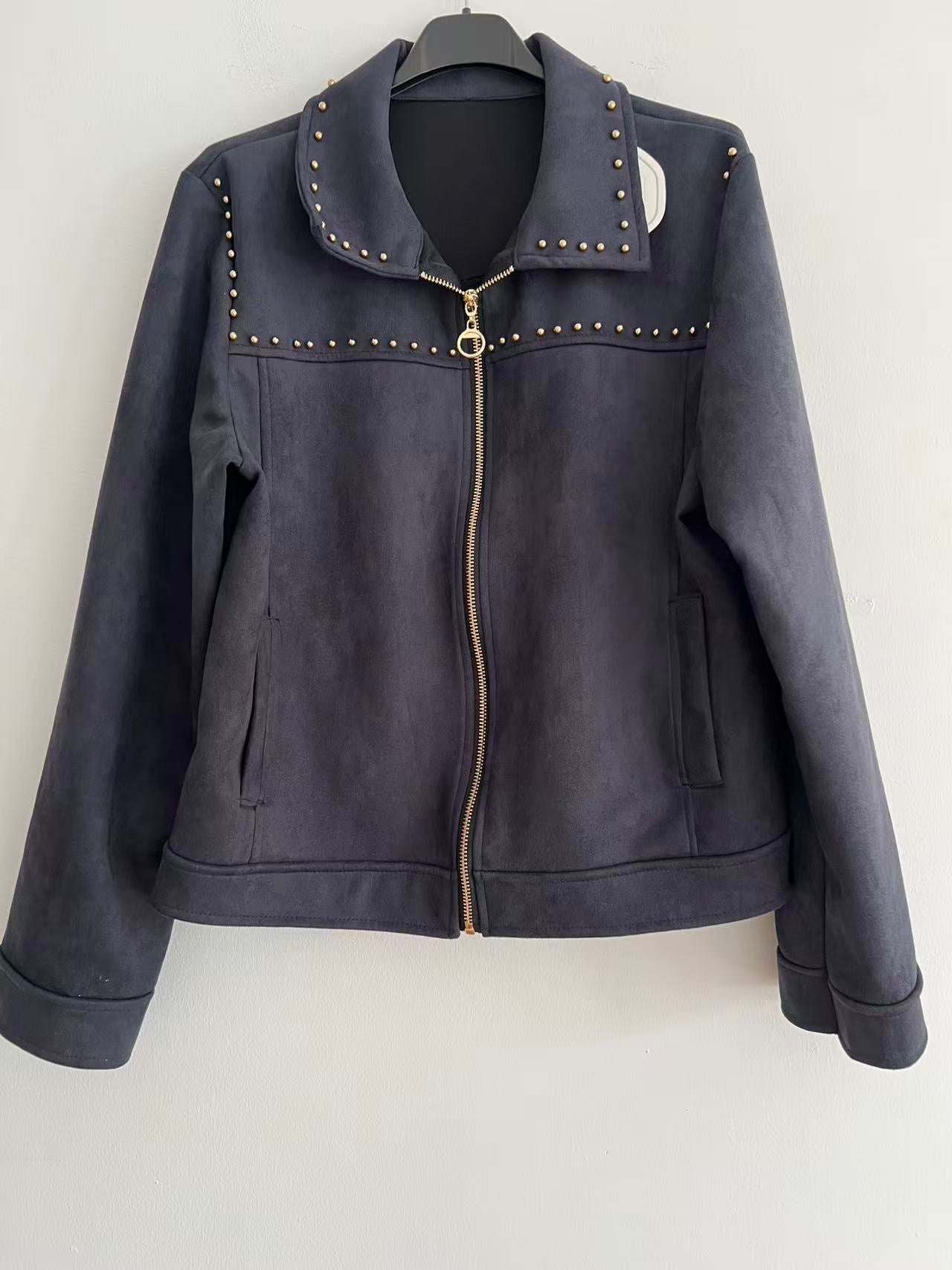 Chaqueta antelina mujer con detalles dorados marino