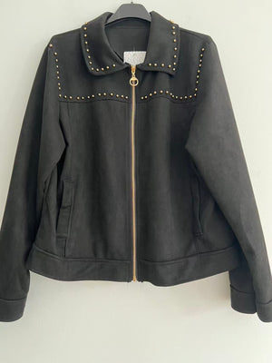 Chaqueta antelina mujer con detalles dorados negro