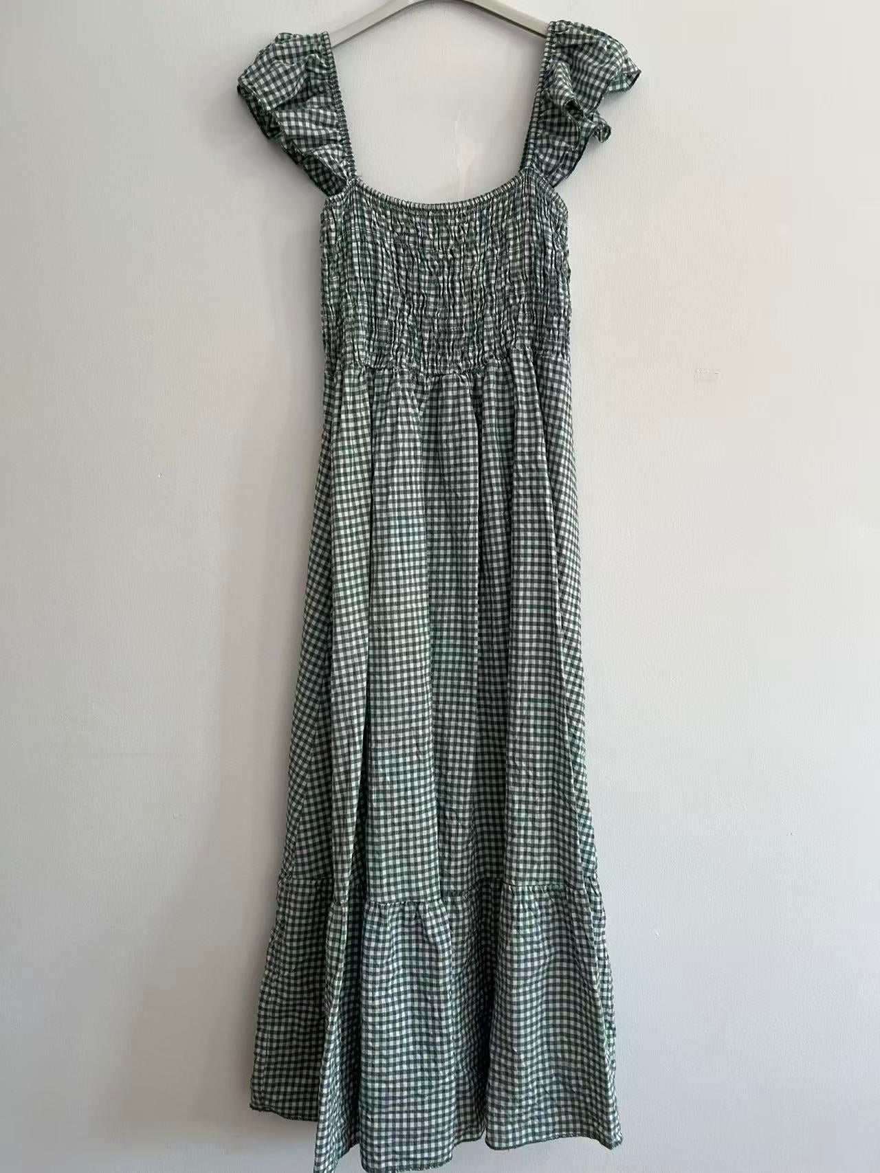 Vestido Largo de Cuadros Vichy con Nido de Abeja