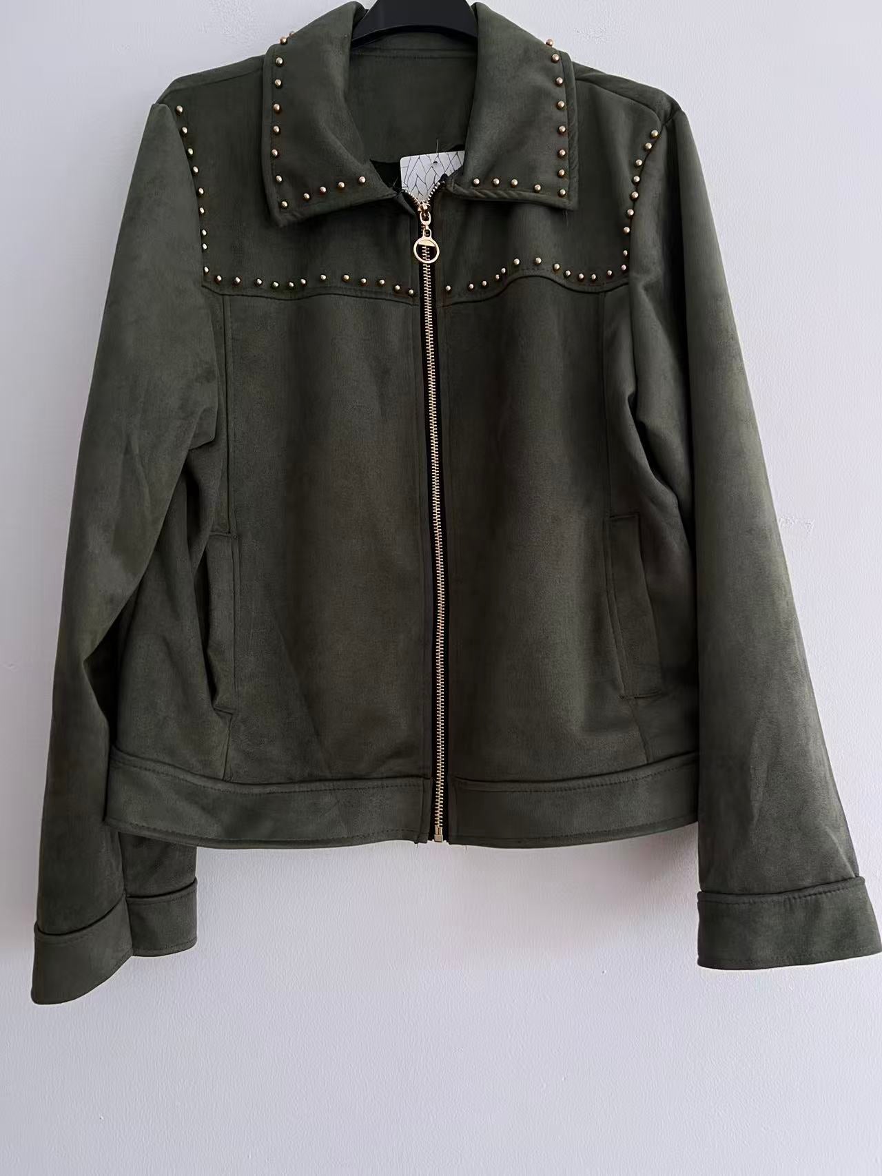 Chaqueta antelina mujer con detalles dorados verde caqui