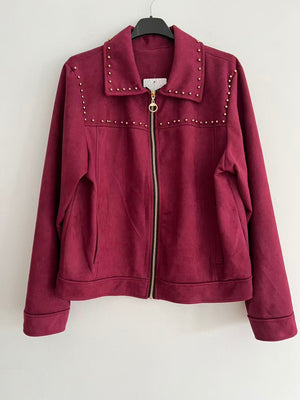 Chaqueta antelina mujer con detalles dorados burdeos