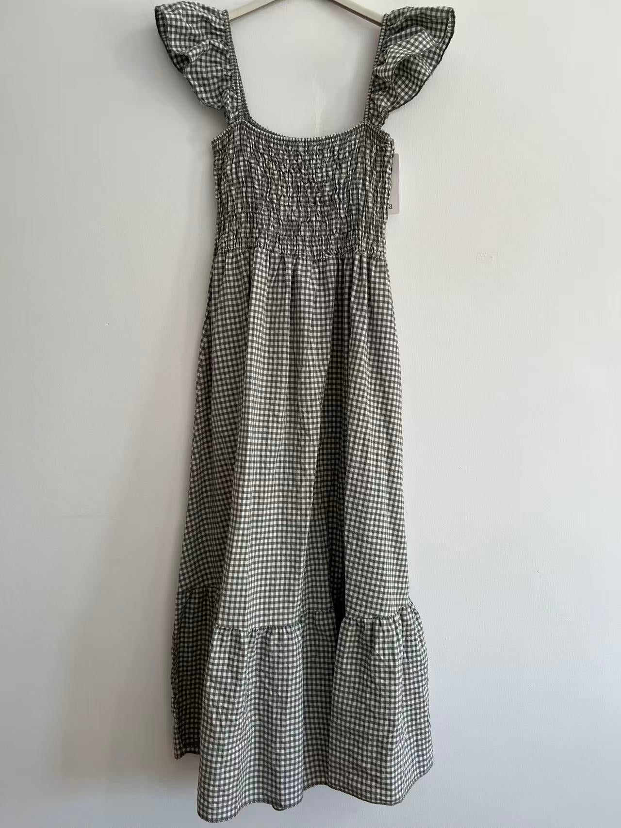 Vestido Largo de Cuadros Vichy con Nido de Abeja