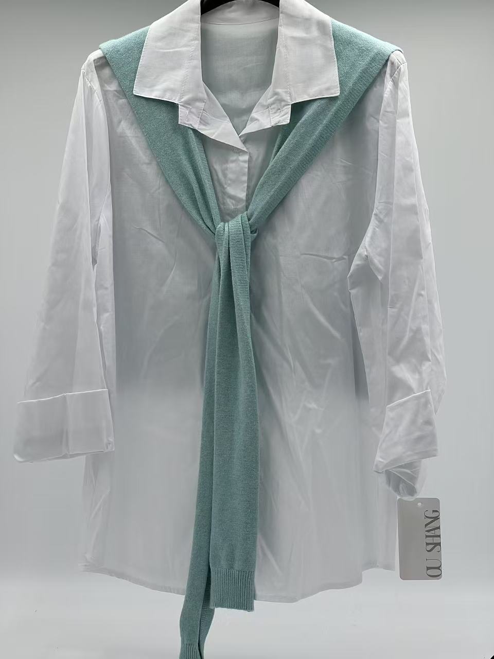 Camisa de Algodón con Capa de Punto Verde agua